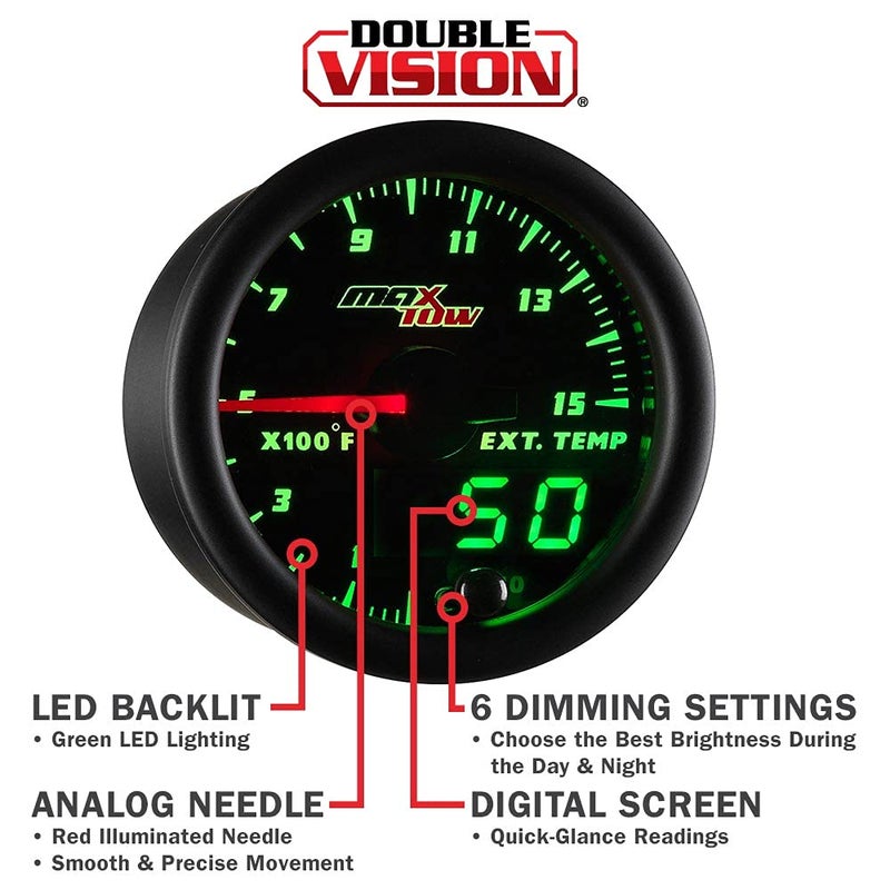 MaxTow Double Vision 1500F Pyrometer Exhaust Temp Gauge Kit - Includes 1/8-27 NPT Type K EGT Probe & Wiring - Black Dial - Green LED Lighting - Analog & Digital Readouts - for Diesel Trucks - 2-1/16" - Image 4